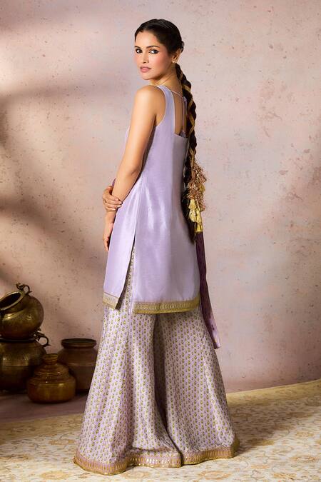 Shop_Masaba_Purple Silk, Organza Pixie Dust Embroidered Border Tunic Printed Sharara Set_at_Aza_Fashions