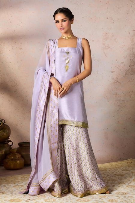 Masaba_Purple Silk, Organza Pixie Dust Embroidered Border Tunic Printed Sharara Set_Online_at_Aza_Fashions