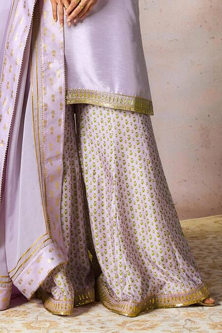 Buy_Masaba_Purple Silk, Organza Pixie Dust Embroidered Border Tunic Printed Sharara Set_Online_at_Aza_Fashions