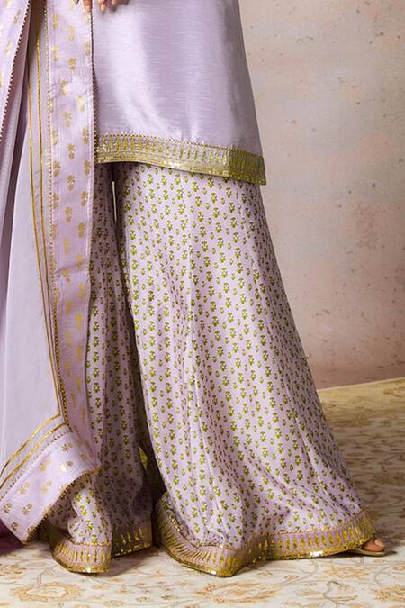 Shop_Masaba_Purple Silk, Organza Pixie Dust Embroidered Border Tunic Printed Sharara Set_Online_at_Aza_Fashions