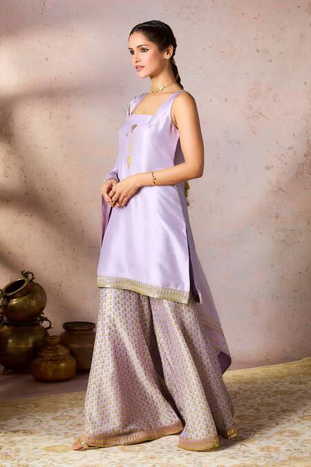 Masaba_Purple Silk, Organza Pixie Dust Embroidered Border Tunic Printed Sharara Set_at_Aza_Fashions
