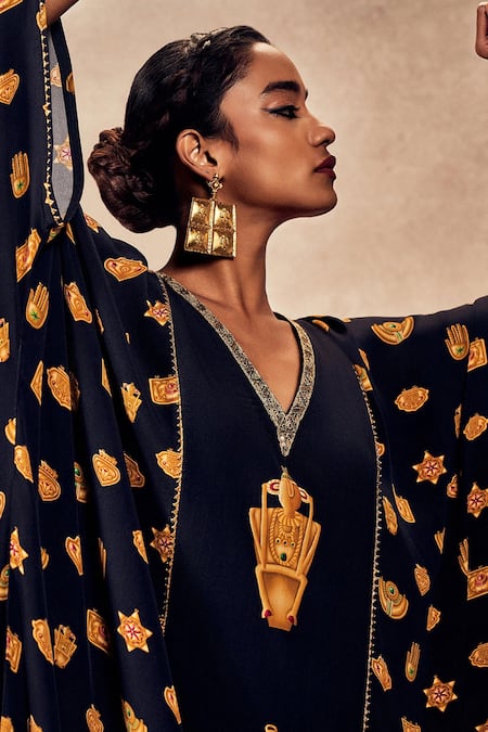 Shop_Masaba_Black Crepe, Silk Sequins, Gota Patti V-neck Trinkets Print Kaftan _Online_at_Aza_Fashions