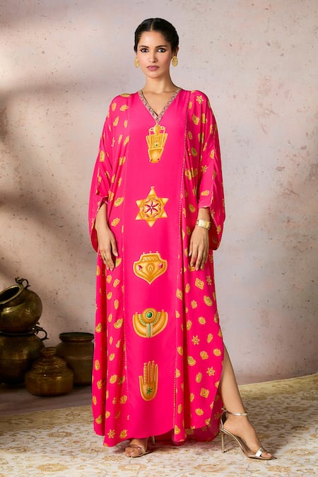 Masaba_Pink Crepe, Silk Sequins, Gota Patti V-neck Trinkets Print Slit Kaftan _Online_at_Aza_Fashions
