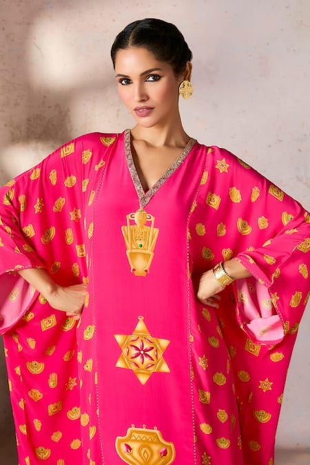 Shop_Masaba_Pink Crepe, Silk Sequins, Gota Patti V-neck Trinkets Print Slit Kaftan _Online_at_Aza_Fashions