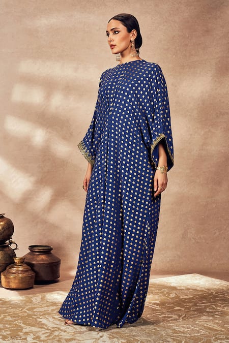 Masaba_Blue Crepe, Silk Sequins Round Neck Palmscape Print Gathered Kaftan _Online_at_Aza_Fashions