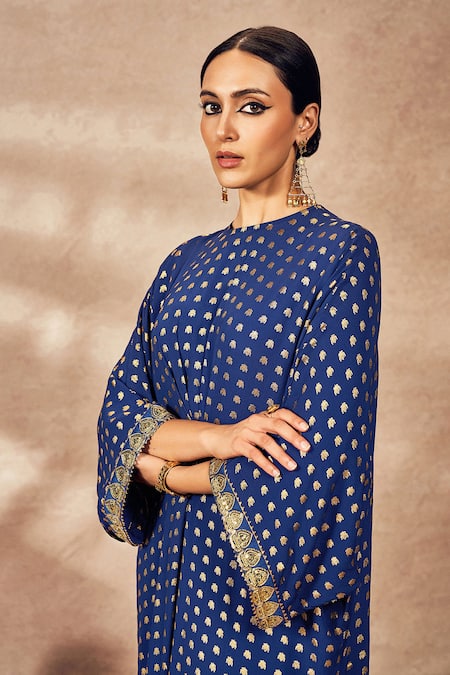 Buy_Masaba_Blue Crepe, Silk Sequins Round Neck Palmscape Print Gathered Kaftan _Online_at_Aza_Fashions