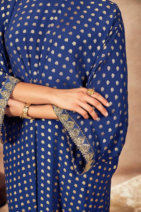 Shop_Masaba_Blue Crepe, Silk Sequins Round Neck Palmscape Print Gathered Kaftan _Online_at_Aza_Fashions