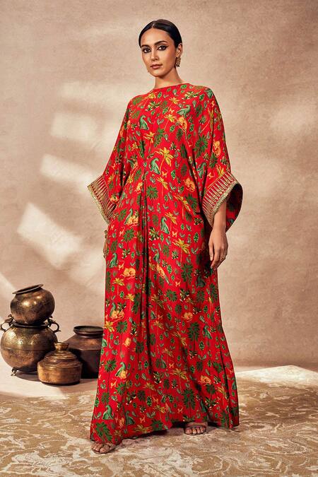 Masaba_Red Crepe, Silk Sequins Round Neck Tropical Rhapsody Print Kaftan_Online_at_Aza_Fashions