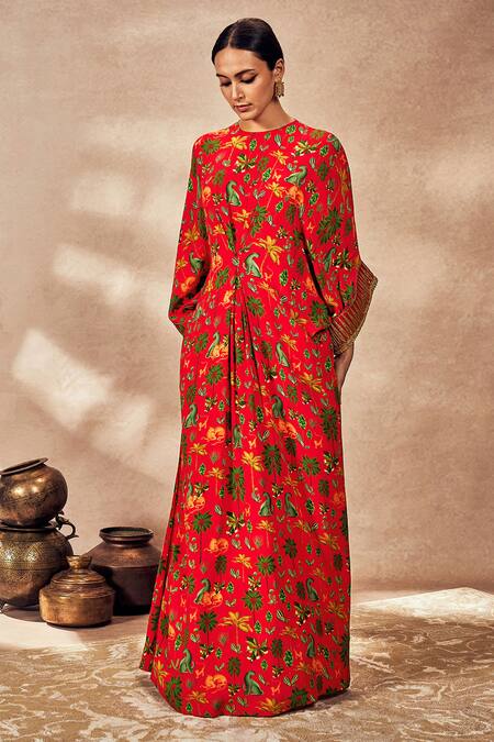 Buy_Masaba_Red Crepe, Silk Sequins Round Neck Tropical Rhapsody Print Kaftan_Online_at_Aza_Fashions