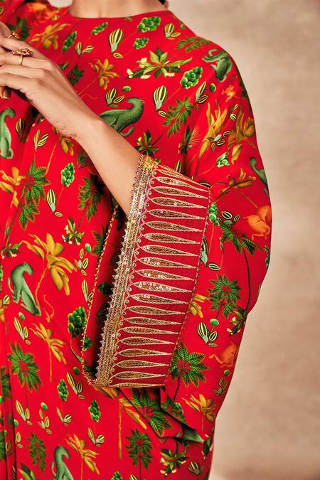 Shop_Masaba_Red Crepe, Silk Sequins Round Neck Tropical Rhapsody Print Kaftan_Online_at_Aza_Fashions