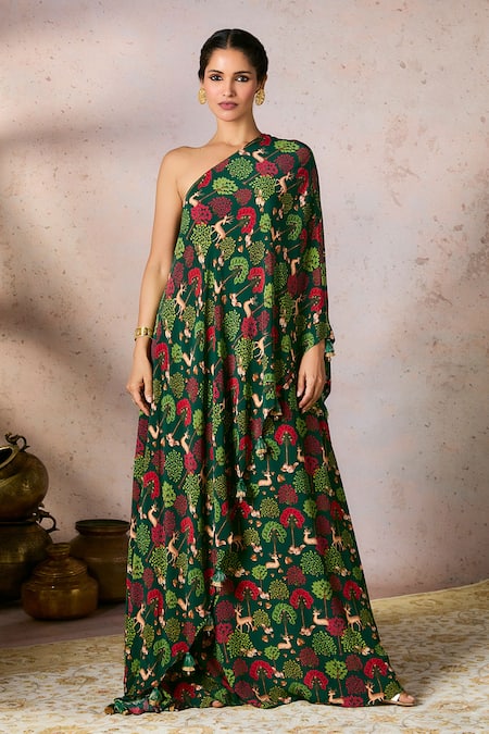 Masaba Green Crepe Silk Print Midnight Maze One Shoulder Dress 