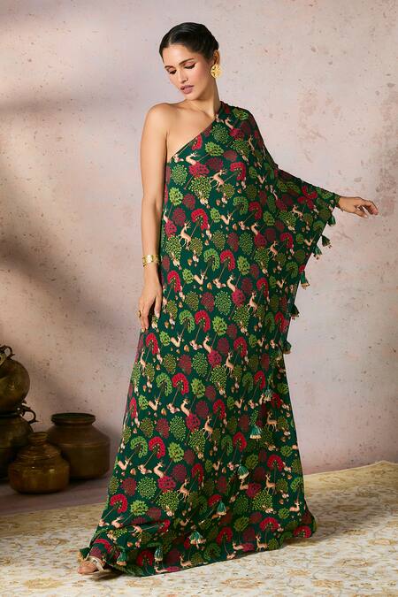 Masaba_Green Crepe, Silk Tassels One Shoulder Midnight Maze Dress_Online_at_Aza_Fashions