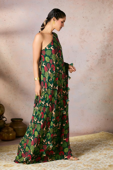 Buy_Masaba_Green Crepe, Silk Tassels One Shoulder Midnight Maze Dress_Online_at_Aza_Fashions