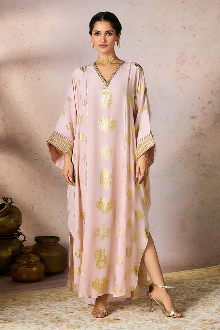Masaba_Pink Crepe, Silk Sequins, Gota Patti V-neck Trinkets Foil Print Slit Kaftan _Online_at_Aza_Fashions