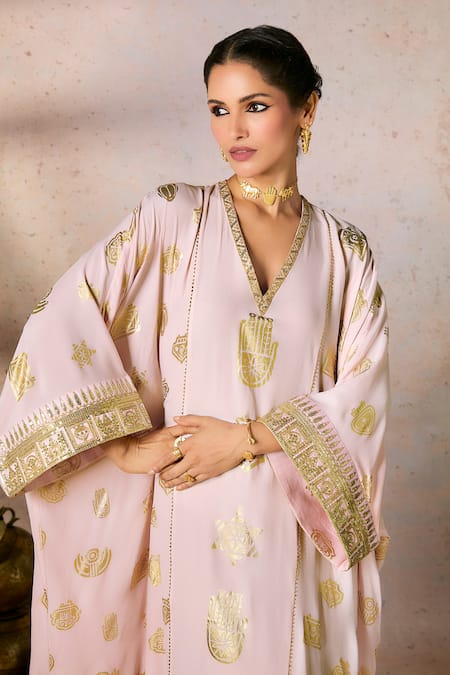 Shop_Masaba_Pink Crepe, Silk Sequins, Gota Patti V-neck Trinkets Foil Print Slit Kaftan _Online_at_Aza_Fashions