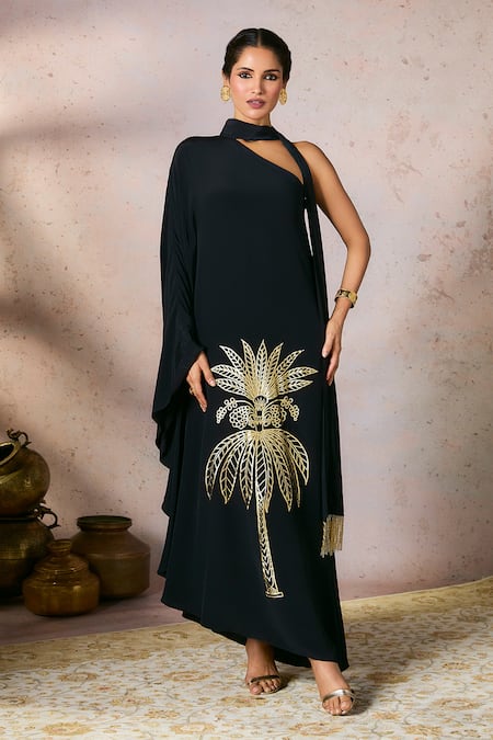 Masaba Black Crepe Silk Foil Print Tropical One Shoulder Asymmetric Kaftan 