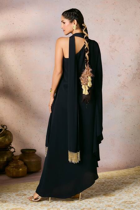 Shop Masaba Black Crepe, Silk Fringe One Shoulder Tropical Foil Print Asymmetric Kaftan at Aza Fashions Shop_Masaba_Black Crepe, Silk Fringe One Shoulder Tropical Foil Print Asymmetric Kaftan_at_Aza_Fashions