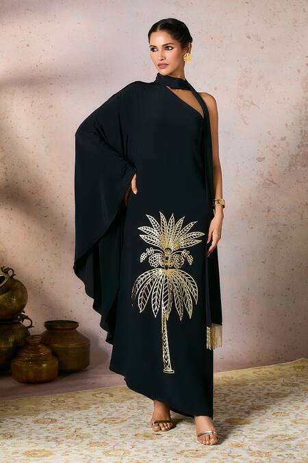 Masaba Black Crepe, Silk Fringe One Shoulder Tropical Foil Print Asymmetric Kaftan Online at Aza Fashions Masaba_Black Crepe, Silk Fringe One Shoulder Tropical Foil Print Asymmetric Kaftan_Online_at_Aza_Fashions