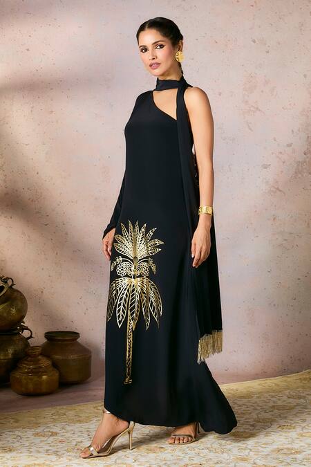 Buy Masaba Black Crepe, Silk Fringe One Shoulder Tropical Foil Print Asymmetric Kaftan Online at Aza Fashions Buy_Masaba_Black Crepe, Silk Fringe One Shoulder Tropical Foil Print Asymmetric Kaftan_Online_at_Aza_Fashions
