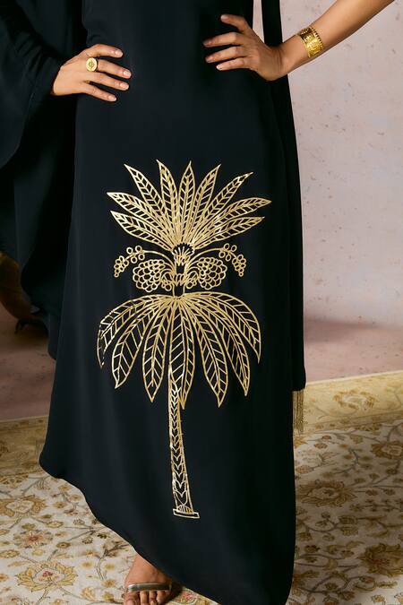 Shop Masaba Black Crepe, Silk Fringe One Shoulder Tropical Foil Print Asymmetric Kaftan Online at Aza Fashions Shop_Masaba_Black Crepe, Silk Fringe One Shoulder Tropical Foil Print Asymmetric Kaftan_Online_at_Aza_Fashions