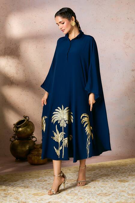 Buy_Masaba_Blue Crepe, Silk Foil Printing Shawl Neck Palm Kaftan_Online_at_Aza_Fashions