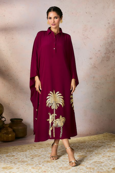 Masaba Wine Crepe Silk Foil Print Palm Shirt Collar Placed Kaftan 