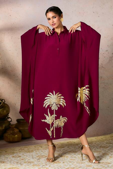 Masaba_Wine Crepe, Silk Foil Printing Collared Placed Kaftan_Online_at_Aza_Fashions