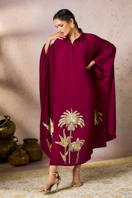 Buy_Masaba_Wine Crepe, Silk Foil Printing Collared Placed Kaftan_Online_at_Aza_Fashions