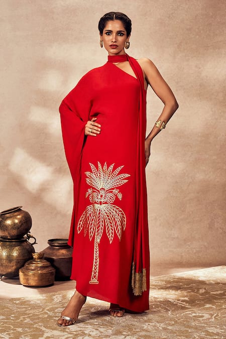 Masaba Red Crepe Silk Foil Print Tropical One Shoulder Asymmetric Kaftan 