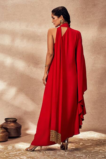 Shop Masaba Red Crepe, Silk Fringe, Foil Printing One Shoulder Asymmetric Tropical Kaftan at Aza Fashions Shop_Masaba_Red Crepe, Silk Fringe, Foil Printing One Shoulder Asymmetric Tropical Kaftan_at_Aza_Fashions