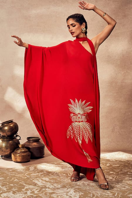 Masaba Red Crepe, Silk Fringe, Foil Printing One Shoulder Asymmetric Tropical Kaftan Online at Aza Fashions Masaba_Red Crepe, Silk Fringe, Foil Printing One Shoulder Asymmetric Tropical Kaftan_Online_at_Aza_Fashions