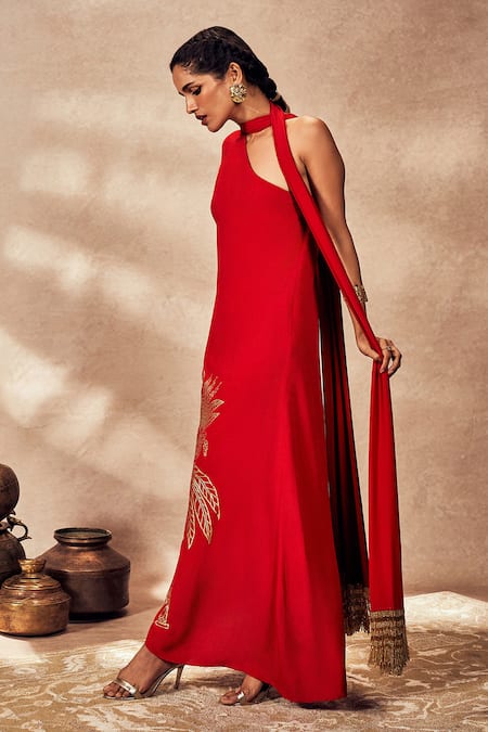 Shop Masaba Red Crepe, Silk Fringe, Foil Printing One Shoulder Asymmetric Tropical Kaftan Online at Aza Fashions Shop_Masaba_Red Crepe, Silk Fringe, Foil Printing One Shoulder Asymmetric Tropical Kaftan_Online_at_Aza_Fashions