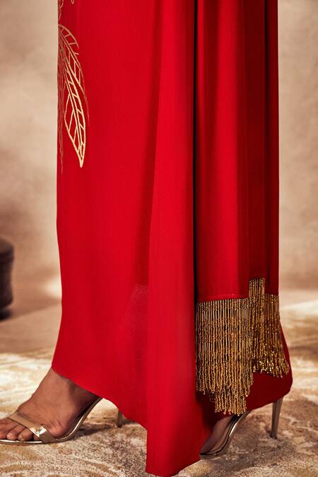 Masaba Red Crepe, Silk Fringe, Foil Printing One Shoulder Asymmetric Tropical Kaftan at Aza Fashions Masaba_Red Crepe, Silk Fringe, Foil Printing One Shoulder Asymmetric Tropical Kaftan_at_Aza_Fashions