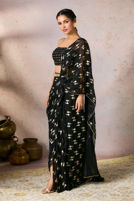Masaba_Black Silk, Georgette Whispering Lily Foil Print Pre-stitched Saree With Blouse _Online_at_Aza_Fashions