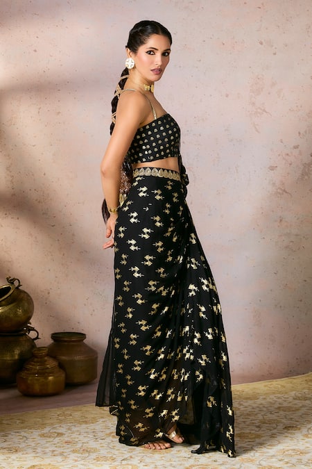 Buy_Masaba_Black Silk, Georgette Whispering Lily Foil Print Pre-stitched Saree With Blouse _Online_at_Aza_Fashions