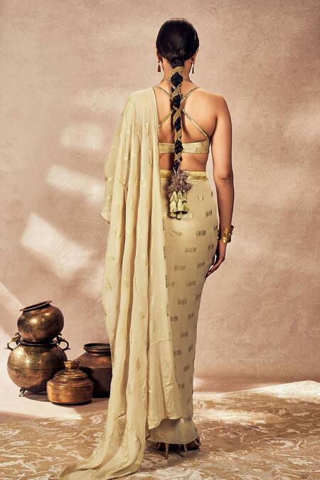 Shop Masaba Beige Georgette, Silk Timber Tribe Foil Print Pre-stitched Saree With Blouse at Aza Fashions Shop_Masaba_Beige Georgette, Silk Timber Tribe Foil Print Pre-stitched Saree With Blouse_at_Aza_Fashions