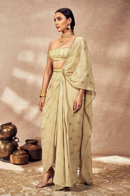 Masaba Beige Georgette, Silk Timber Tribe Foil Print Pre-stitched Saree With Blouse Online at Aza Fashions Masaba_Beige Georgette, Silk Timber Tribe Foil Print Pre-stitched Saree With Blouse_Online_at_Aza_Fashions