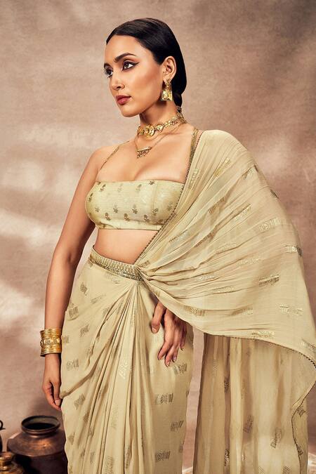 Buy Masaba Beige Georgette, Silk Timber Tribe Foil Print Pre-stitched Saree With Blouse Online at Aza Fashions Buy_Masaba_Beige Georgette, Silk Timber Tribe Foil Print Pre-stitched Saree With Blouse_Online_at_Aza_Fashions