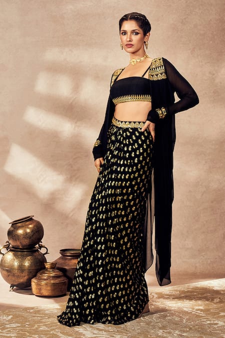 Masaba Black Jacket And Skirt Georgette Embroidered Dori Sequin Printed Draped Set 