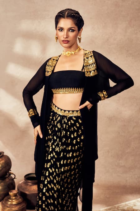 Shop_Masaba_Black Silk, Georgette Sequins Dori Embroidered Jacket Printed Draped Skirt Set _Online_at_Aza_Fashions