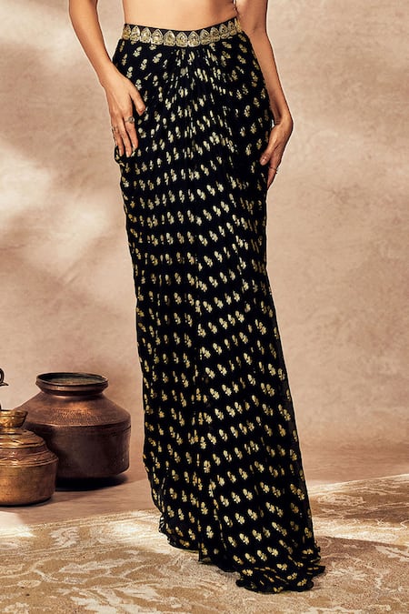Masaba_Black Silk, Georgette Sequins Dori Embroidered Jacket Printed Draped Skirt Set _at_Aza_Fashions