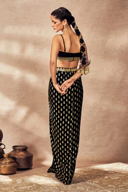 Shop_Masaba_Black Silk, Georgette Sequins Dori Embroidered Jacket Printed Draped Skirt Set 