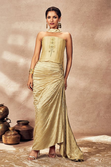 Masaba Beige Raw Silk Embroidered Dori Sequin Corset Printed Draped Skirt Set 