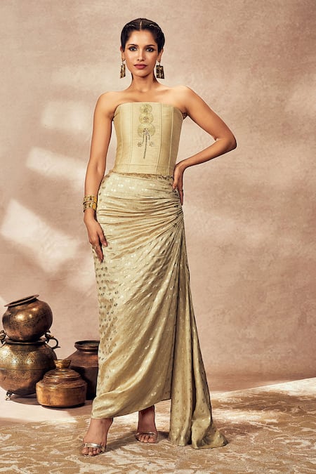 Masaba_Beige , Chanderi Embroidery, Dori Corset Printed Draped Skirt Set _Online_at_Aza_Fashions