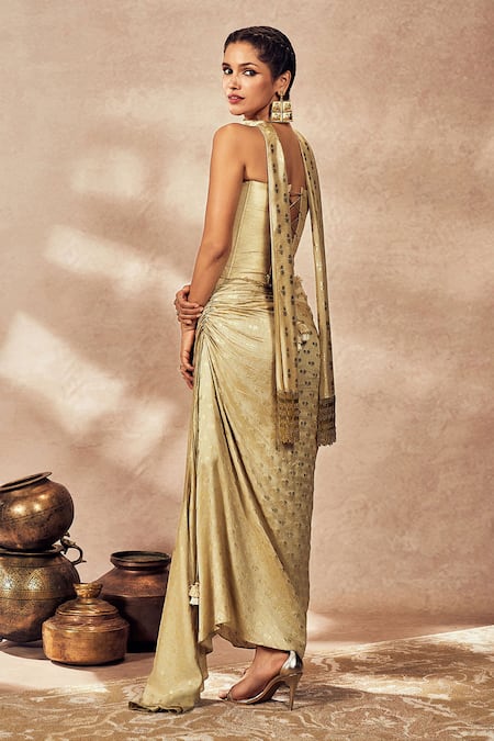 Shop_Masaba_Beige , Chanderi Embroidery, Dori Corset Printed Draped Skirt Set 