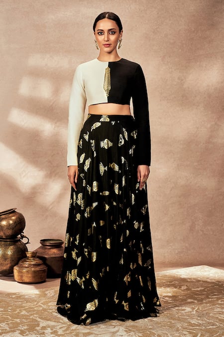 Masaba Black Raw Silk Embroidered Potters Touch Colour Block Blouse With Printed Skirt 