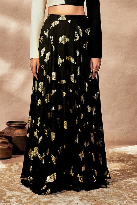 Masaba_Black Silk Sequins, Foil Printing Round Colour Block Blouse With Printed Skirt _Online_at_Aza_Fashions