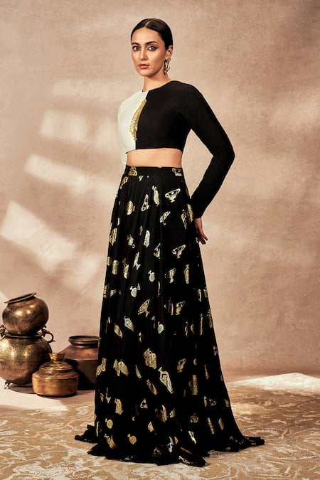 Buy_Masaba_Black Silk Sequins, Foil Printing Round Colour Block Blouse With Printed Skirt _Online_at_Aza_Fashions