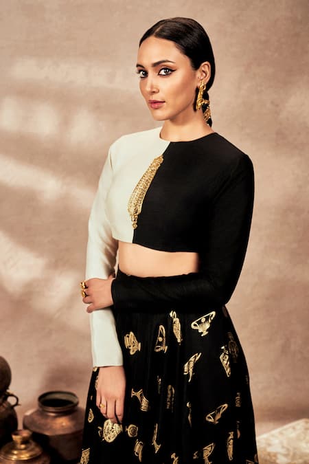 Shop_Masaba_Black Silk Sequins, Foil Printing Round Colour Block Blouse With Printed Skirt _Online_at_Aza_Fashions