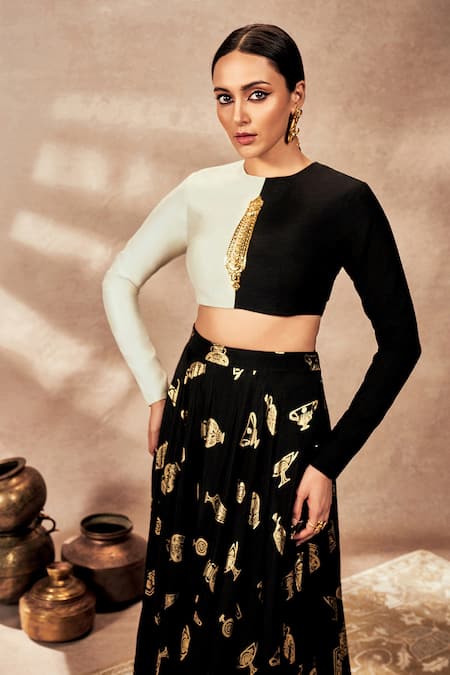Masaba_Black Silk Sequins, Foil Printing Round Colour Block Blouse With Printed Skirt _at_Aza_Fashions